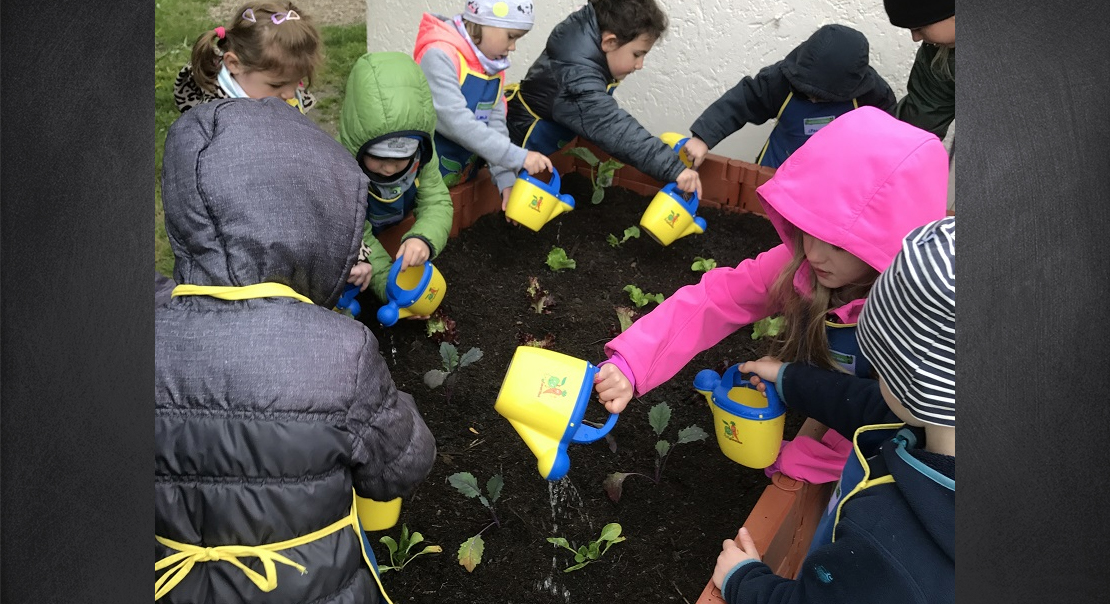 Wässerung der Pflanzen bei der Kindergarten Hochbeet-Aktion mit dem Wichernkindergarten von EDEKA Zierles in Oer-Erkenschwick 2017