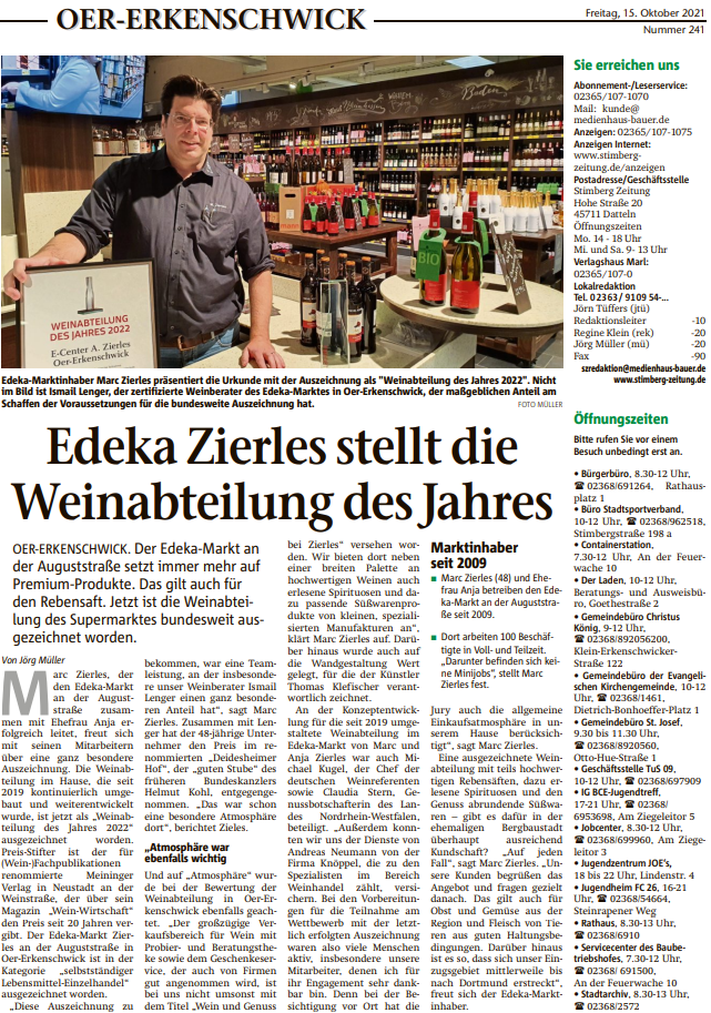 Pressebericht Stimberg Zeitung Oer-Ereknschwick zur Weinabteilung des Jahres 2022