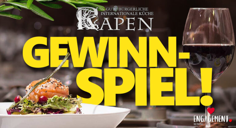 Gewinnspiel von EDEKA Zierles mit Haus Rapen: Zu sehen sind ein angerichtetes Gericht, ein Glas Rotwein und der Schriftzug „Gewinnspiel“.