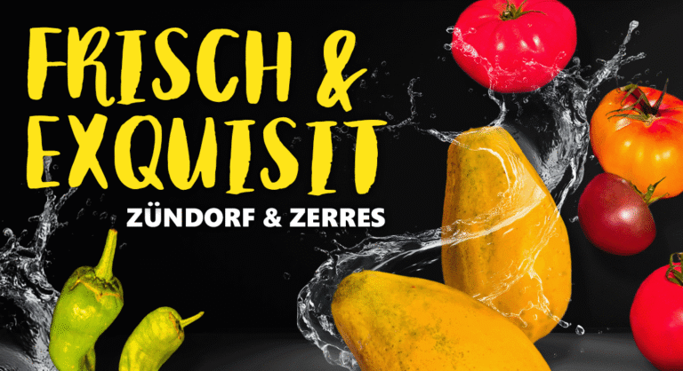 Frisches Obst und Gemüse von Zündorf & Zerres mit Tomaten, Papaya und exotischem Gemüse vor schwarzem Hintergrund.