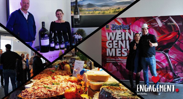 Bildercollage der Wein- & Genussmesse 2026 von EDEKA Zierles in Oer-Erkenschwick mit Winzern, Besuchern, Weinen und kulinarischen Spezialitäten.